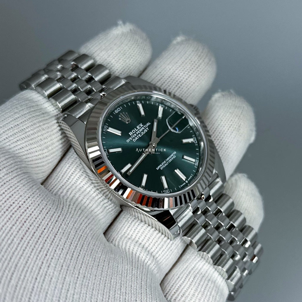 Rolex Datejust 41 Stainless Steel Jubille Fluted Bezel Green Stick Dial 126334