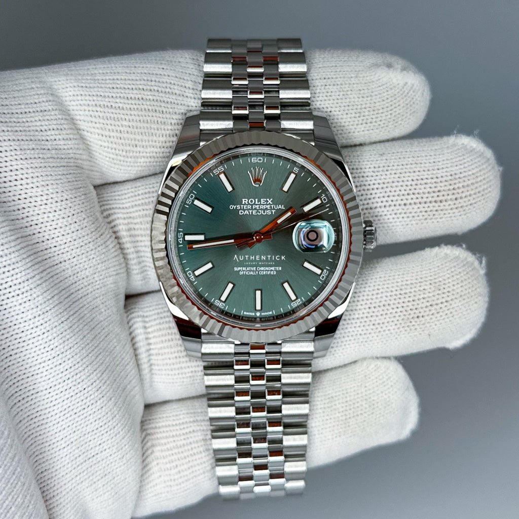 Rolex Datejust 41 Stainless Steel Jubille Fluted Bezel Green Stick Dial 126334