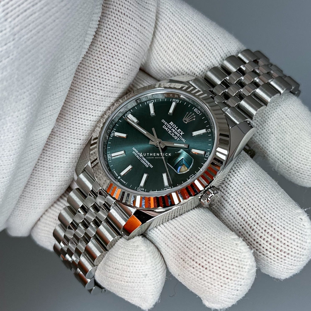 Rolex Datejust 41 Stainless Steel Jubille Fluted Bezel Green Stick Dial 126334