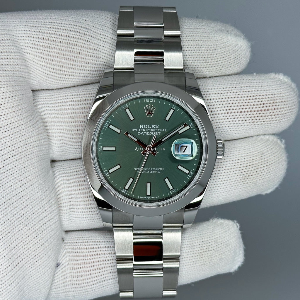 Rolex Datejust 41 Stainless Steel Oyster Smooth Bezel Mint Green Stick Dial 126300