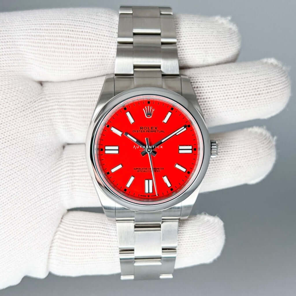 ROLEX OYSTER PERPETUAL 41 STAINLESS STEEL CORAL RED DIAL 124300