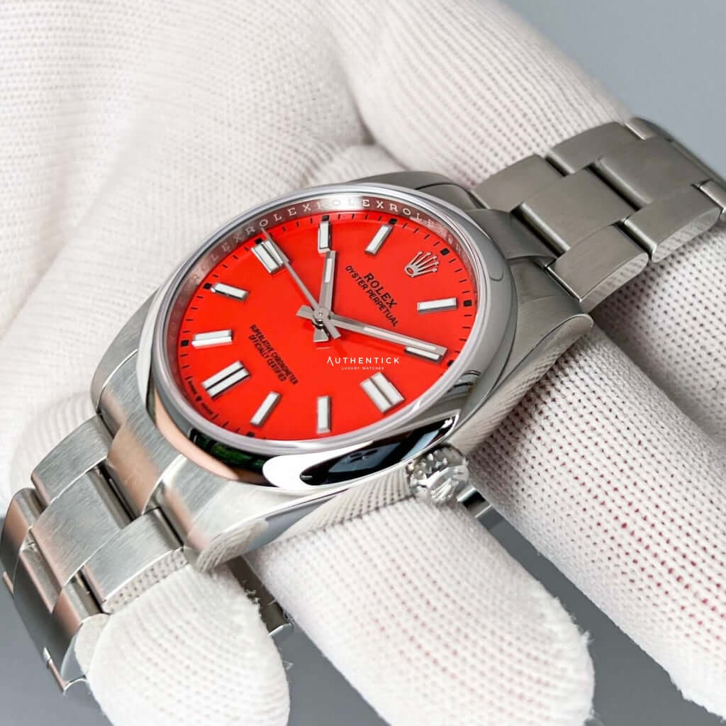 ROLEX OYSTER PERPETUAL 41 STAINLESS STEEL CORAL RED DIAL 124300