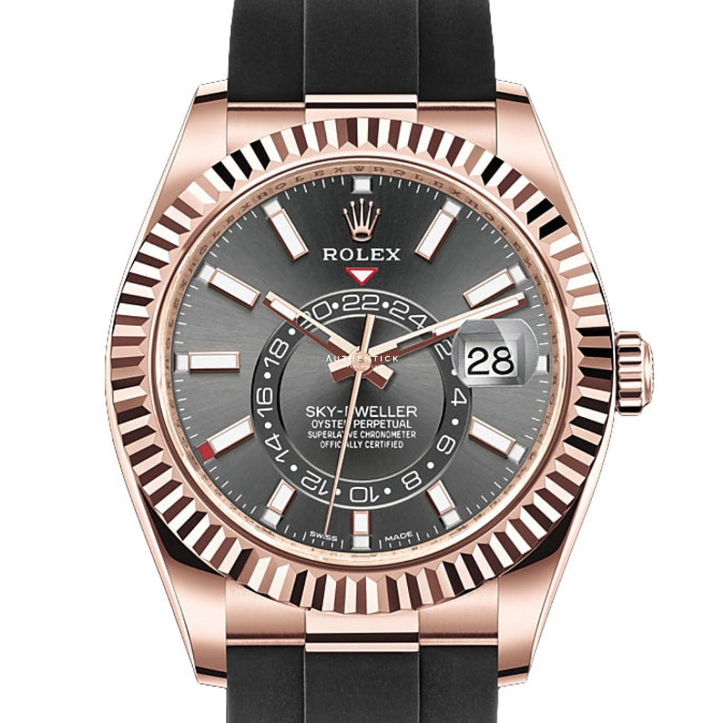 ROLEX SKY-DWELLER OYSTERFLEX ROSE GOLD RHODIUM DIAL 326235